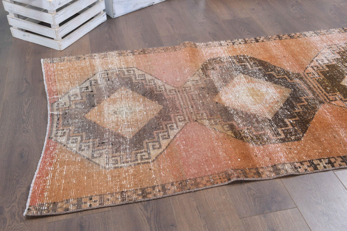 El yapımı vintage yolluk 94x335 cm geometrik desenli yün - üstten görünüm