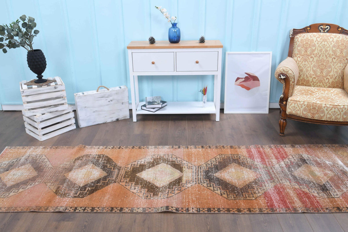 El yapımı vintage yolluk 94x335 cm geometrik desenli yün - açık alan görünümü