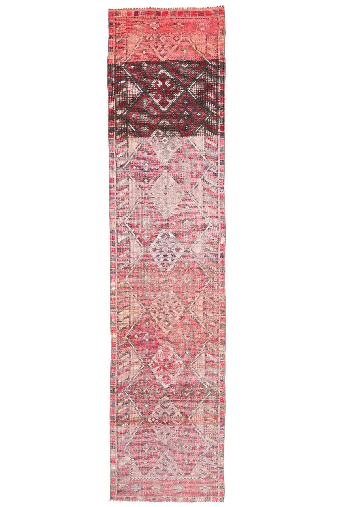 El yapımı vintage yolluk 81x361 cm i̇kat desenli yün - ışık altında renk detayı