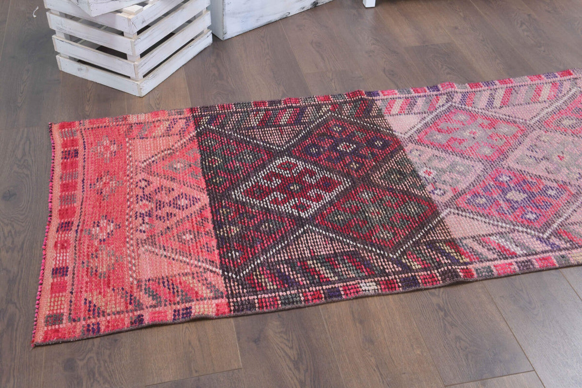 El yapımı vintage yolluk 81x361 cm i̇kat desenli yün - üstten görünüm