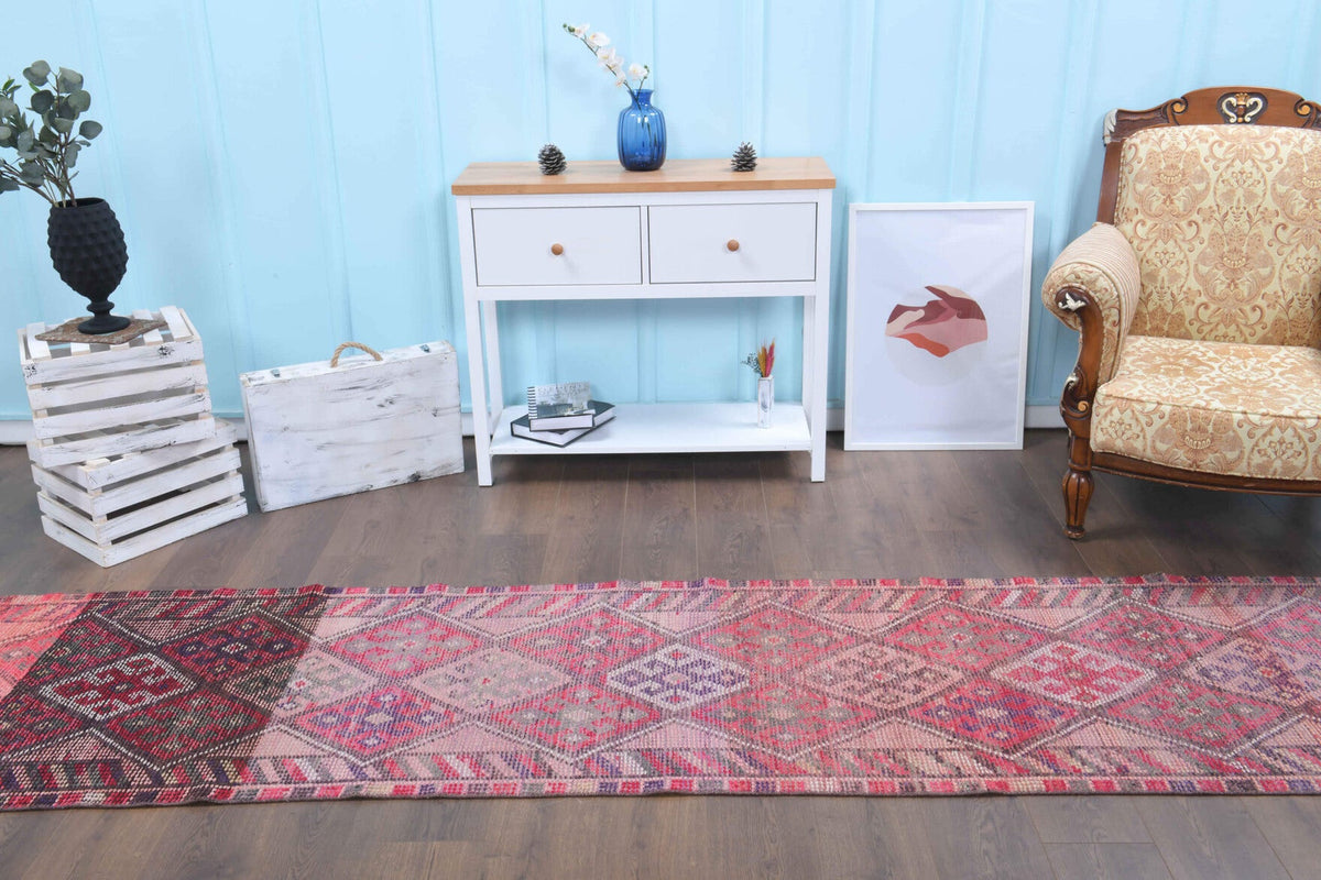 El yapımı vintage yolluk 81x361 cm i̇kat desenli yün - açık alan görünümü