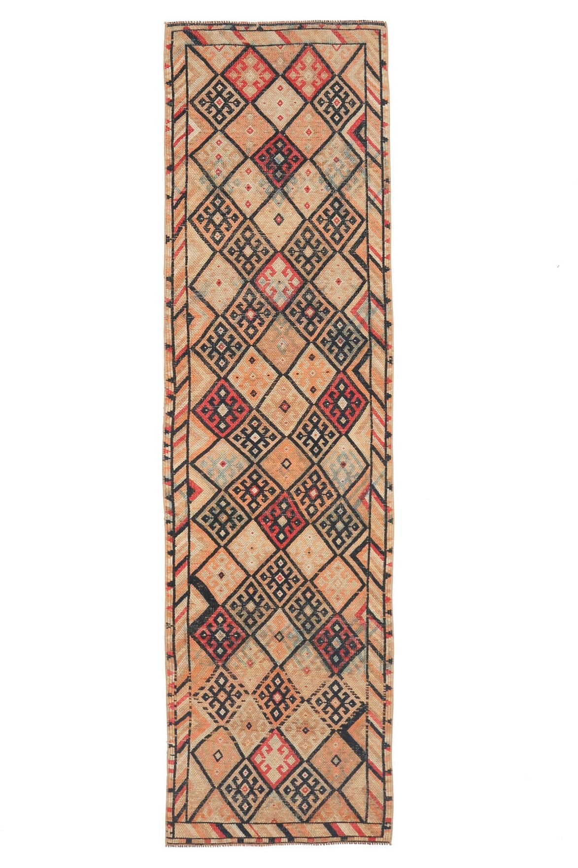 El yapımı vintage yolluk 61x305 cm i̇kat desenli yün - ışık altında renk detayı