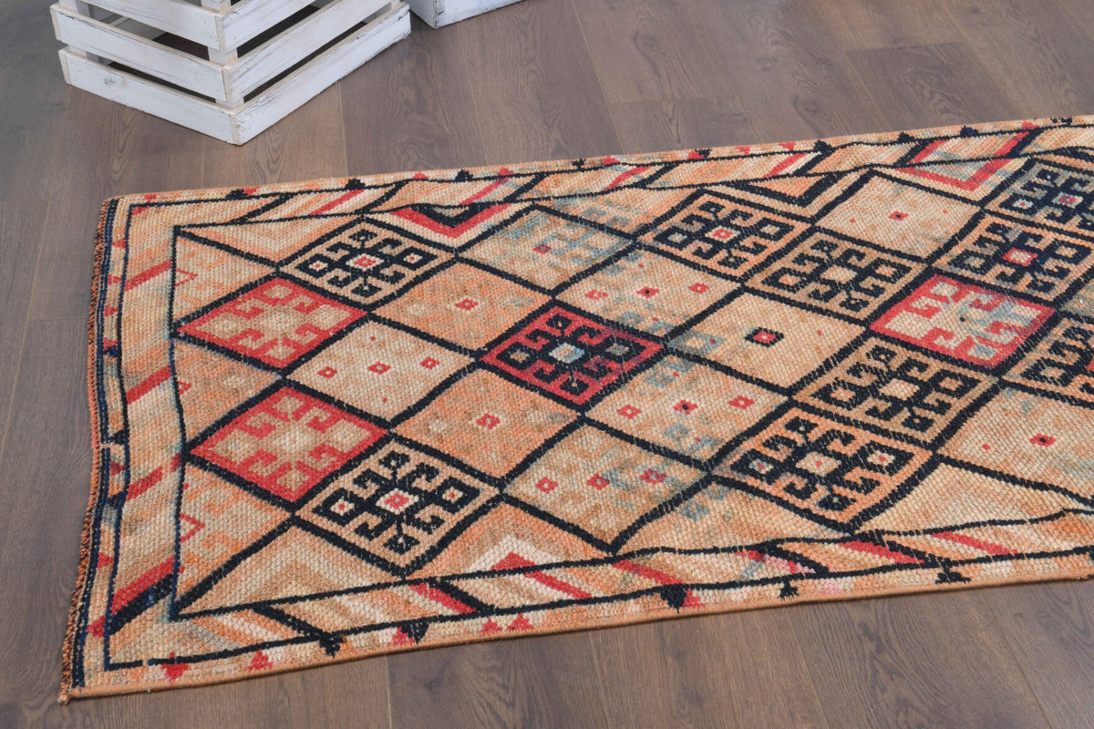 El yapımı vintage yolluk 61x305 cm i̇kat desenli yün - üstten görünüm