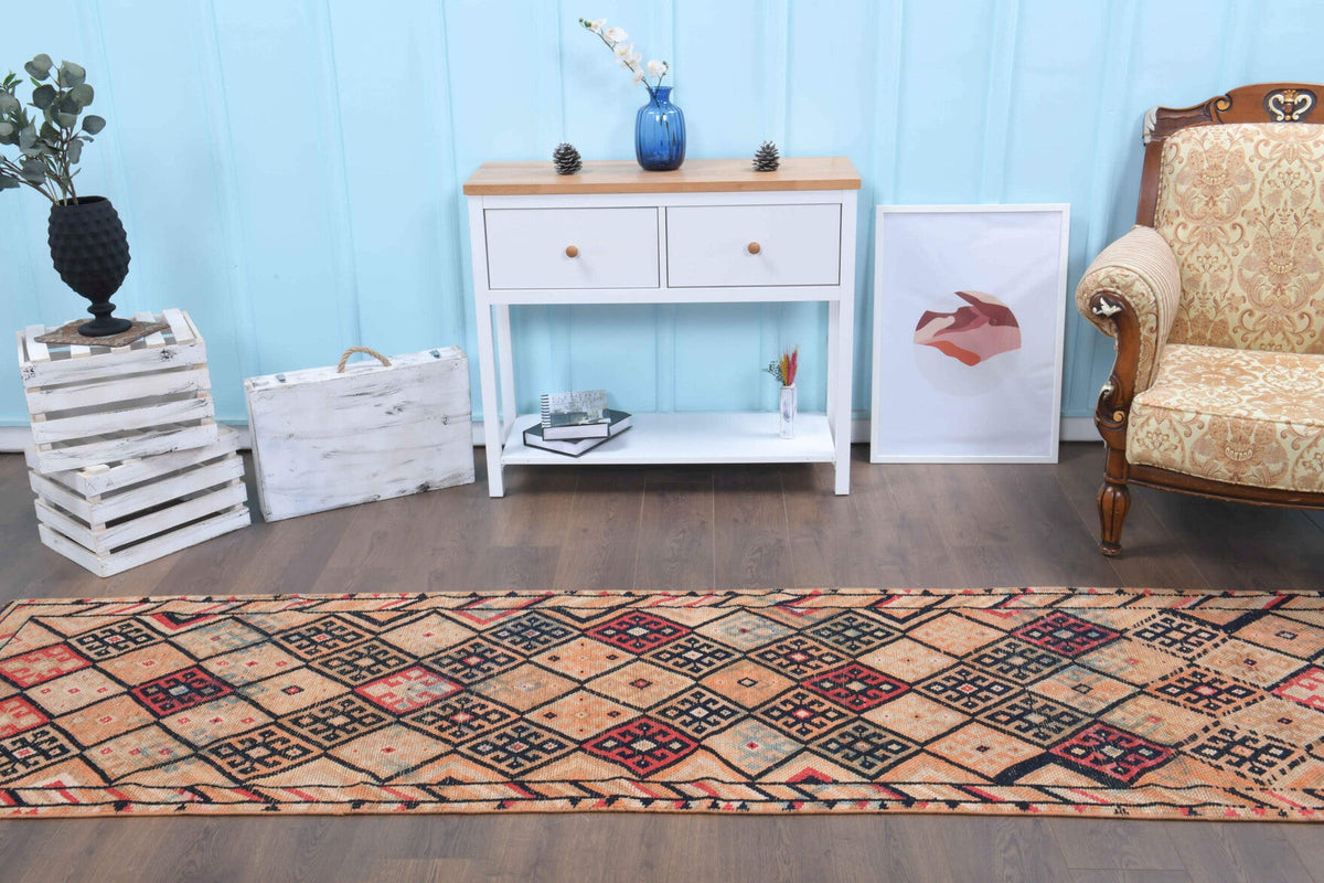 El yapımı vintage yolluk 61x305 cm i̇kat desenli yün - açık alan görünümü