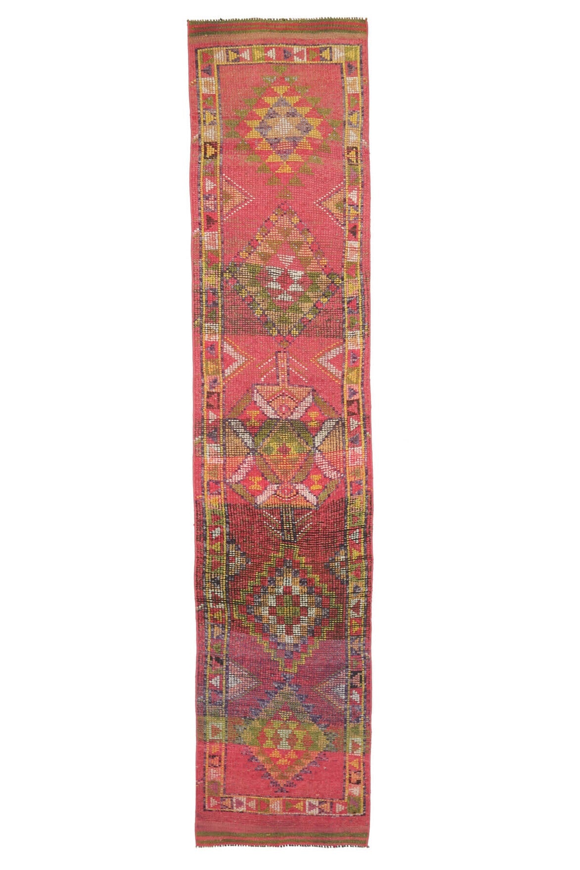 El yapımı vintage yolluk 61x366 cm oryantal desenli yün - ışık altında renk detayı