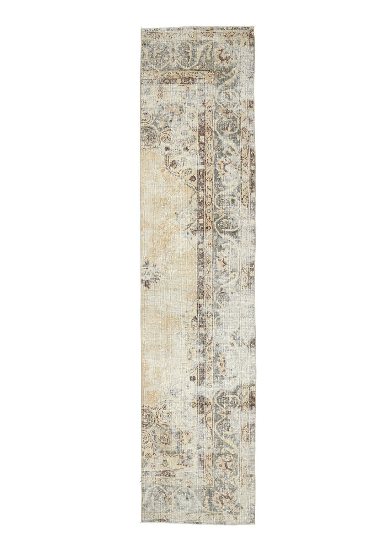 El yapımı vintage yolluk 76x335 cm oryantal desenli yün - ışık altında renk detayı