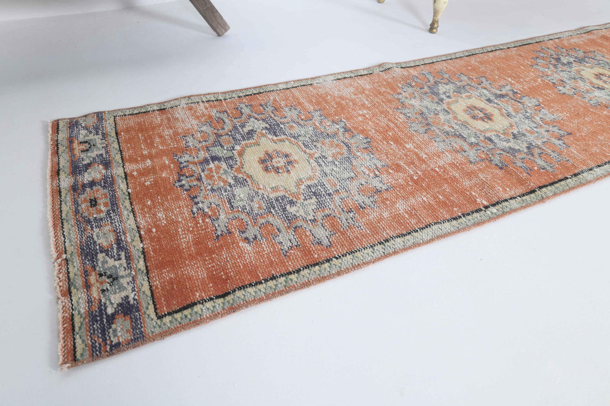 El yapımı vintage yolluk 61x330 cm oryantal desenli yün - kenar ve saçak detayı