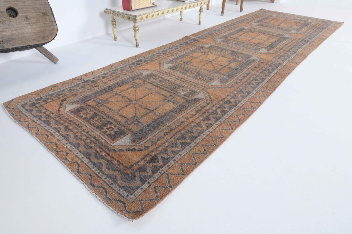 El yapımı vintage yolluk 109x351 cm tribal desenli yün - yakın çekim doku detayı