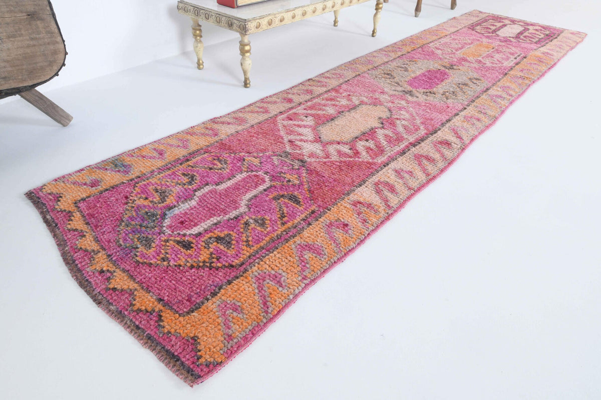 El yapımı vintage yolluk 89x292 cm oryantal desenli yün - yakın çekim doku detayı