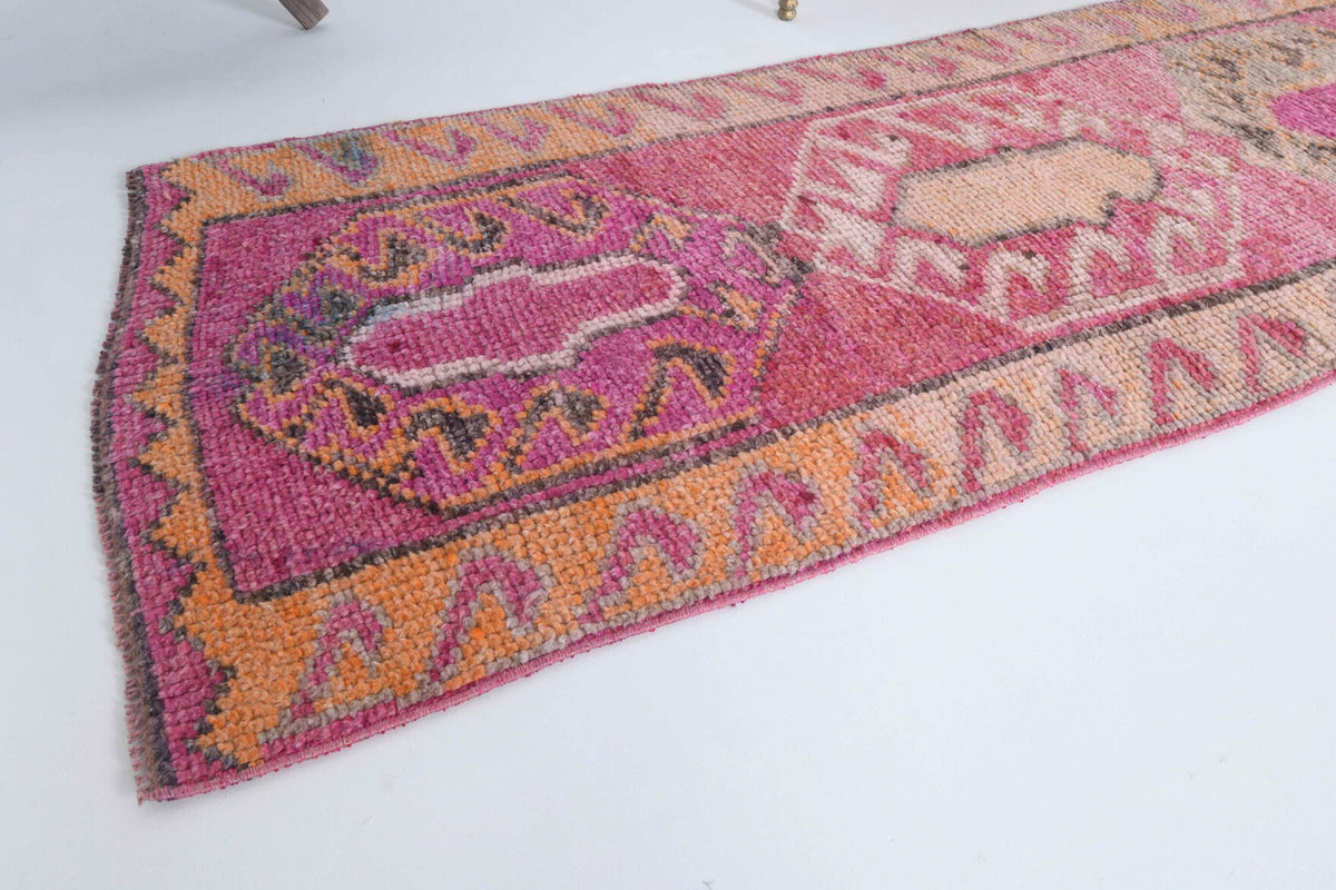 El yapımı vintage yolluk 89x292 cm oryantal desenli yün - kenar ve saçak detayı