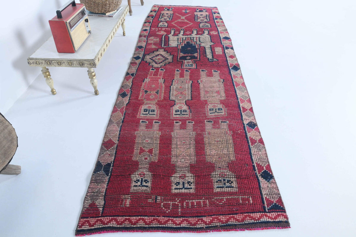 El yapımı vintage yolluk 91x287 cm i̇nsan figürlü desenli yün - detay görünümü