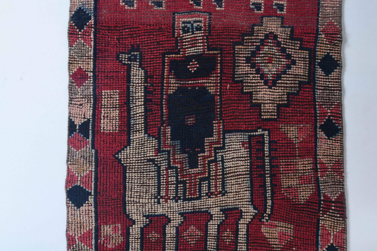 El yapımı vintage yolluk 91x287 cm i̇nsan figürlü desenli yün - üstten görünüm