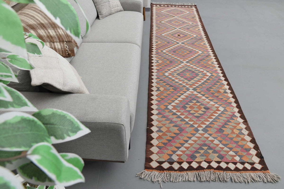 El yapımı vintage yolluk 91x361 cm i̇kat desenli yün - detay görünümü