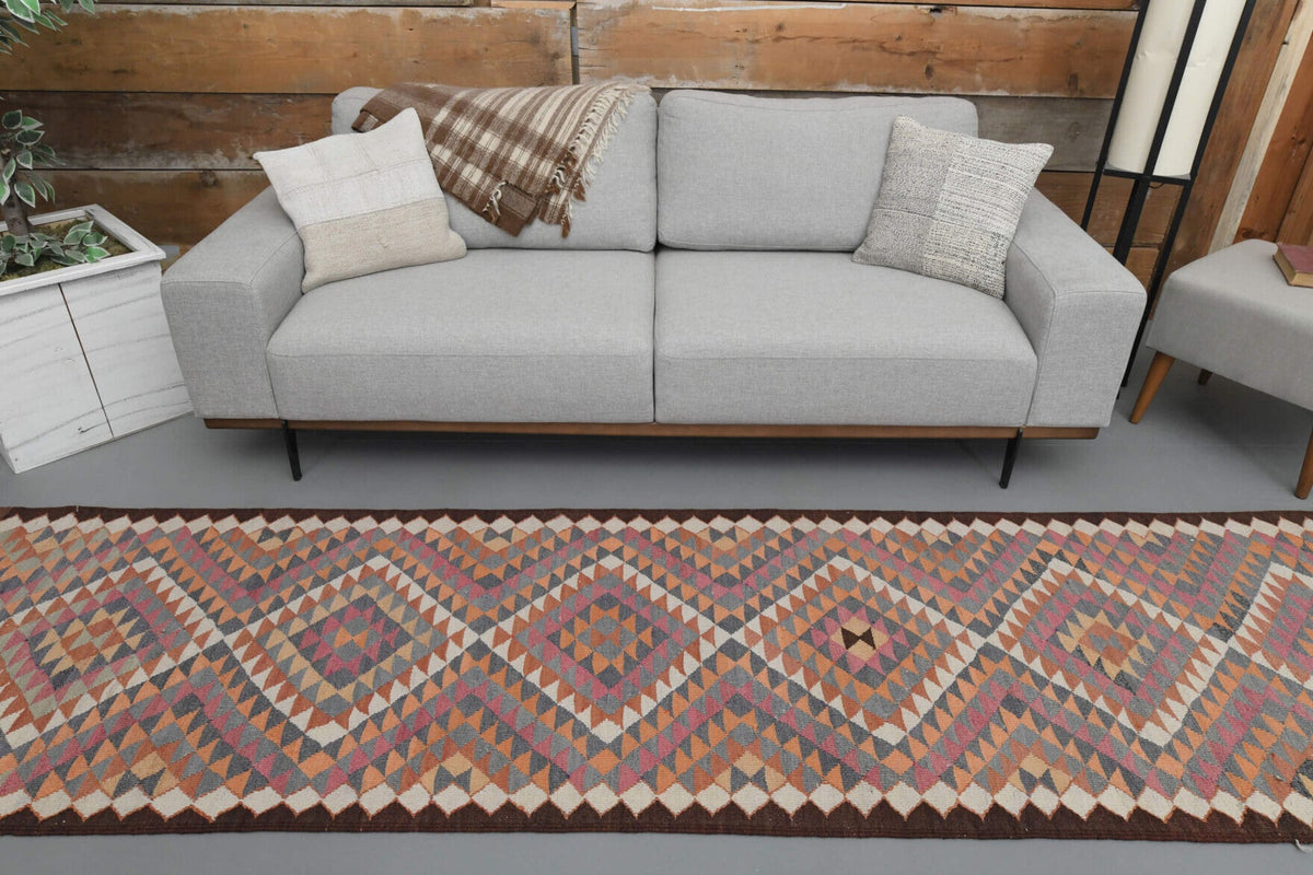 El yapımı vintage yolluk 91x361 cm i̇kat desenli yün - yakın çekim doku detayı