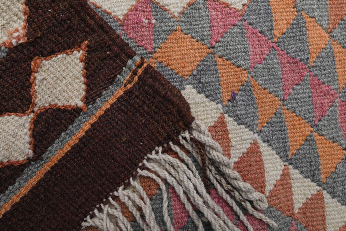 El yapımı vintage yolluk 91x361 cm i̇kat desenli yün - üstten görünüm