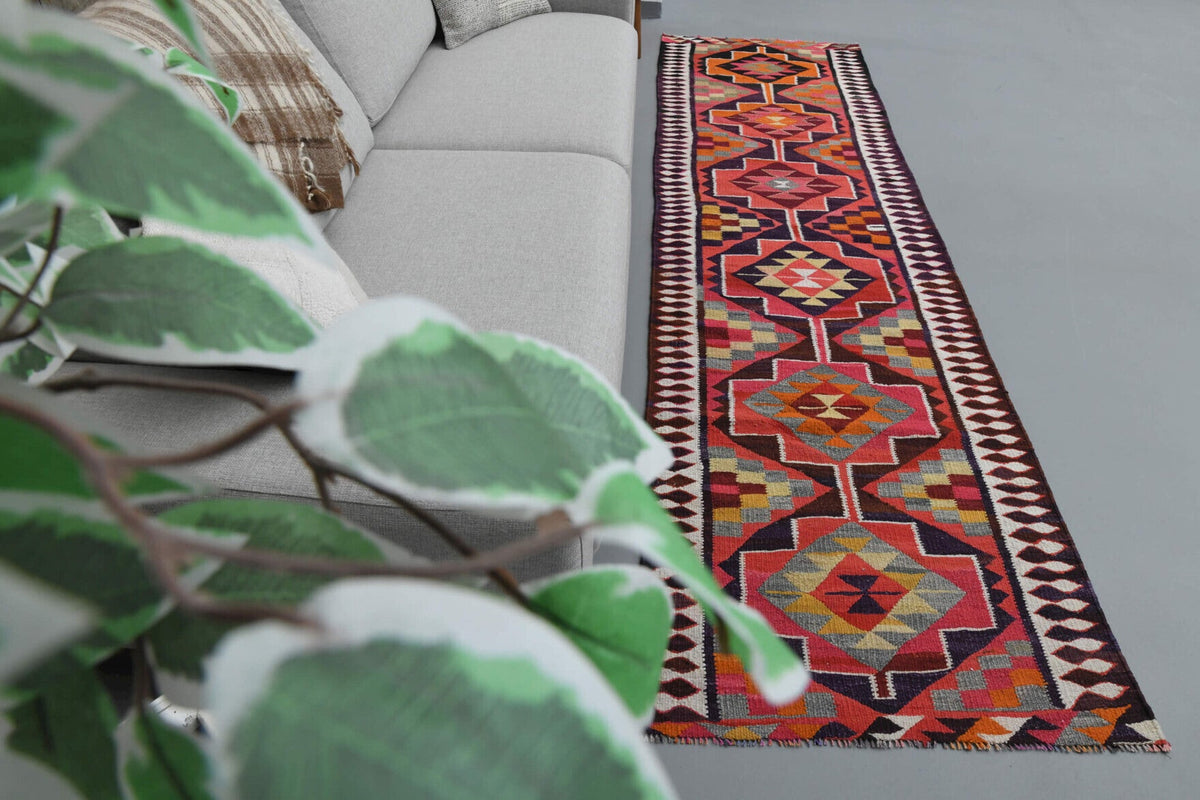 El yapımı vintage yolluk 81x295 cm i̇kat desenli yün - detay görünümü