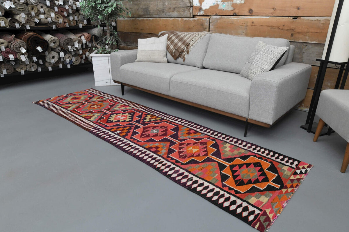 El yapımı vintage yolluk 81x295 cm i̇kat desenli yün - kenar ve saçak detayı