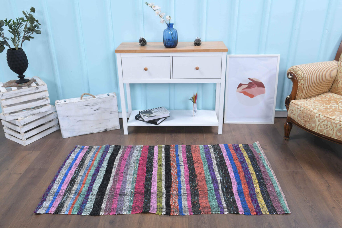 El yapımı vintage yolluk 86x170 cm çizgili desenli yün - kenar ve saçak detayı