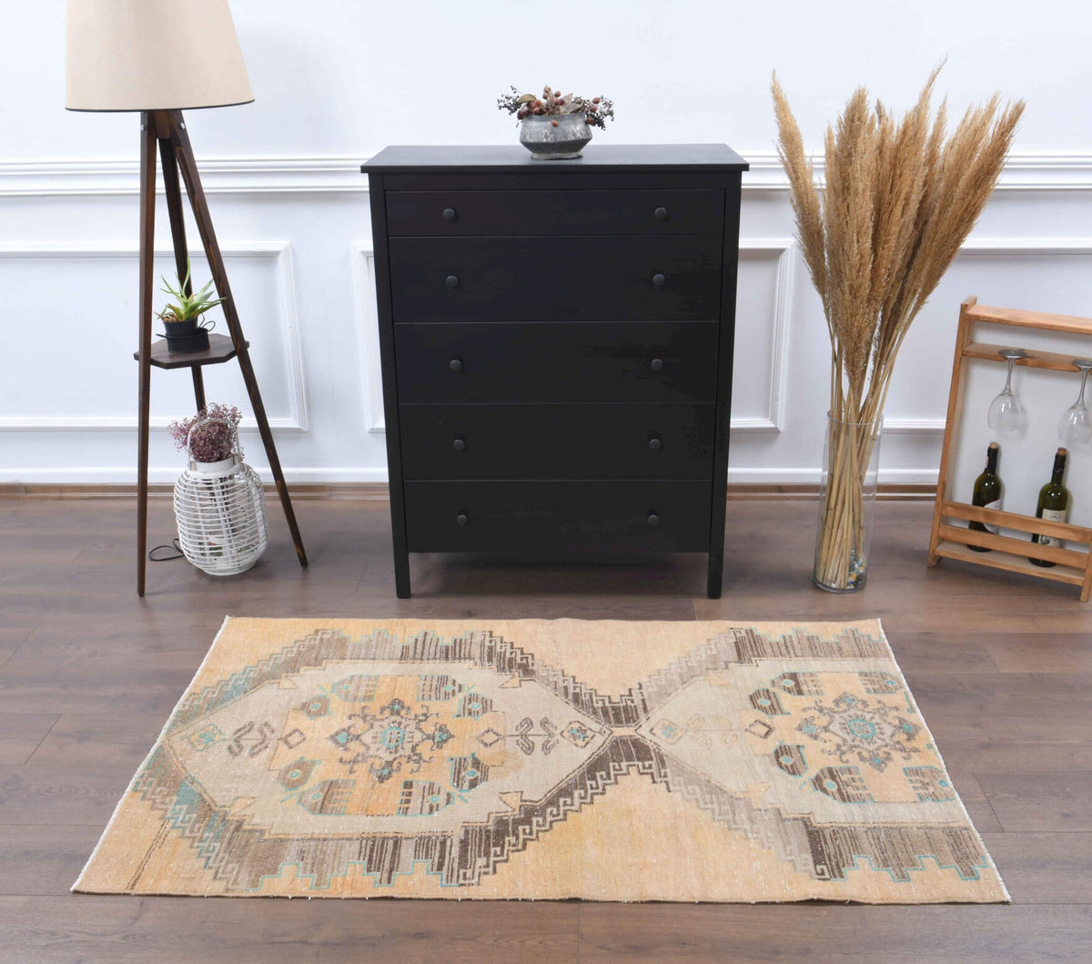 El yapımı vintage halı 102x165 cm oryantal desenli yün - üstten görünüm
