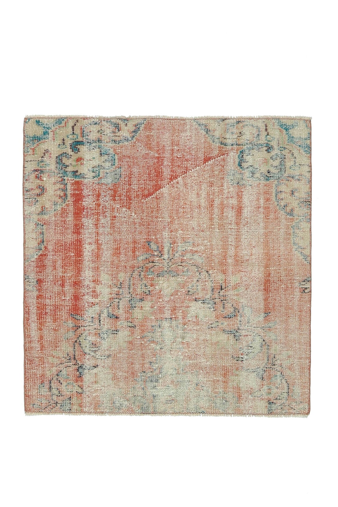 113x119 cm turuncu ve bej oryantal desenli el dokuma vintage kare halı – üstten tam görünüm