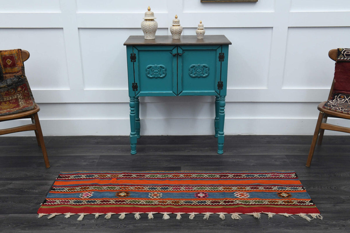 El yapımı vintage yolluk 51x170 cm oryantal desenli yün - kenar ve saçak detayı