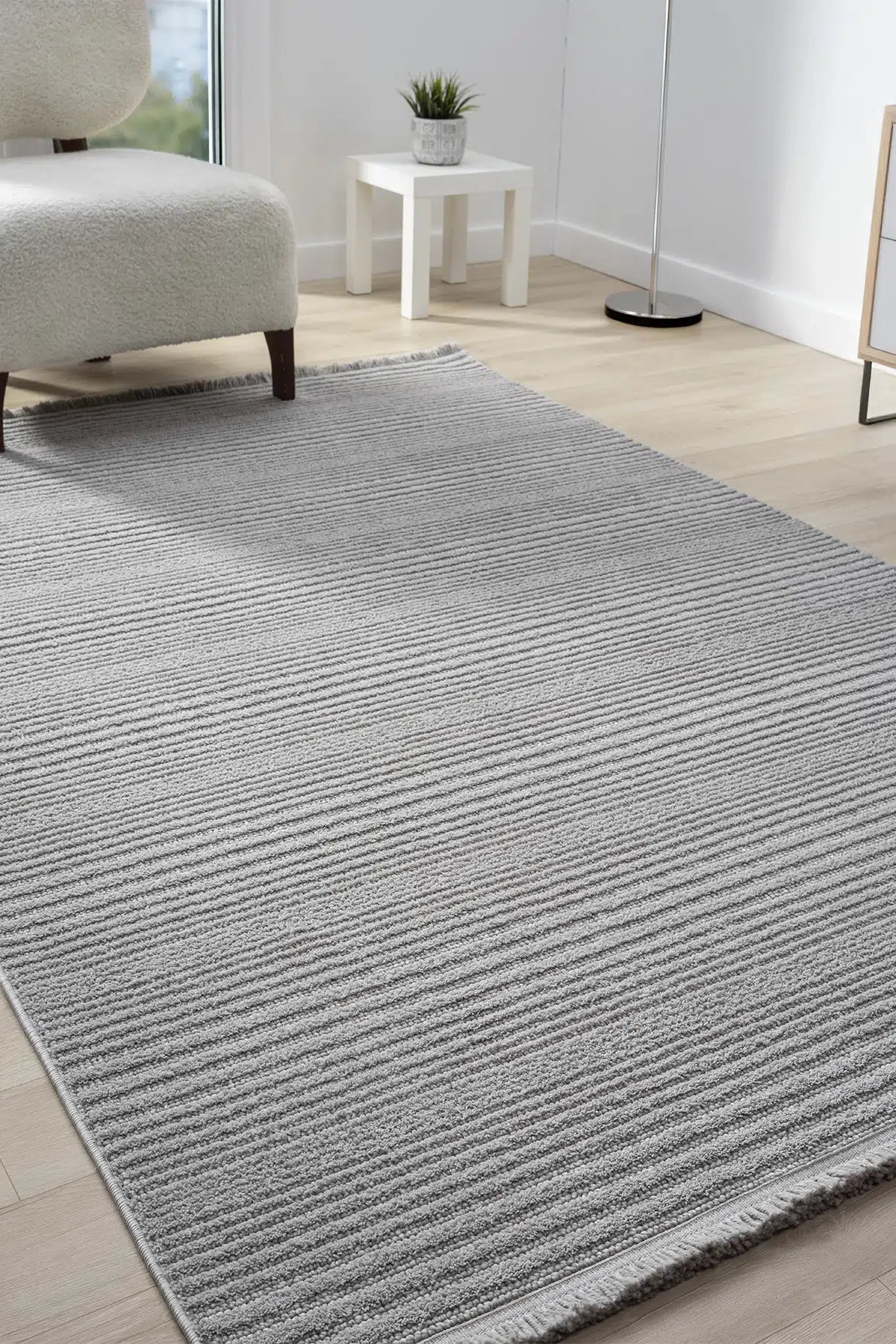 Gri Sade Geometrik Çizgili Modern Halı - 0950GZ